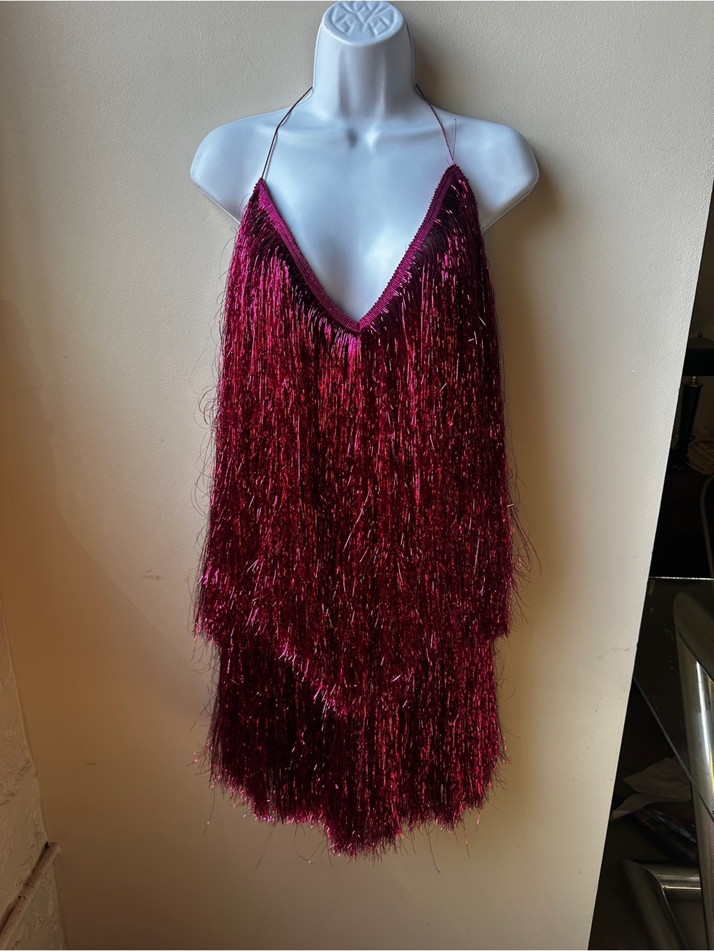 Hot Pink Metallic Tinsel Fringe Halter Mini Dress Backless Party Festival NWT
